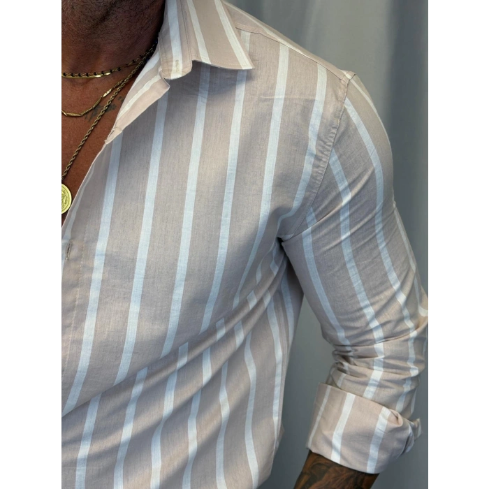 Kalın Çizgili Gömlek Bej