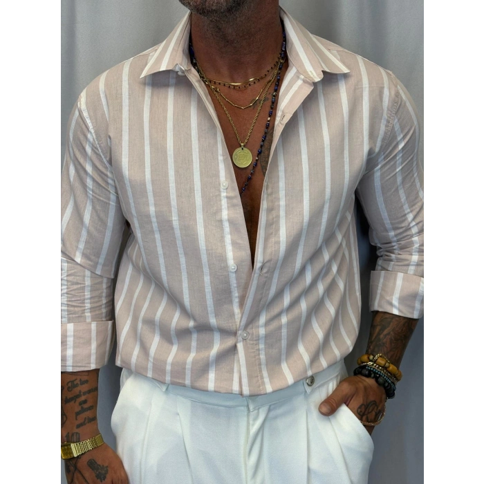 Kalın Çizgili Gömlek Bej