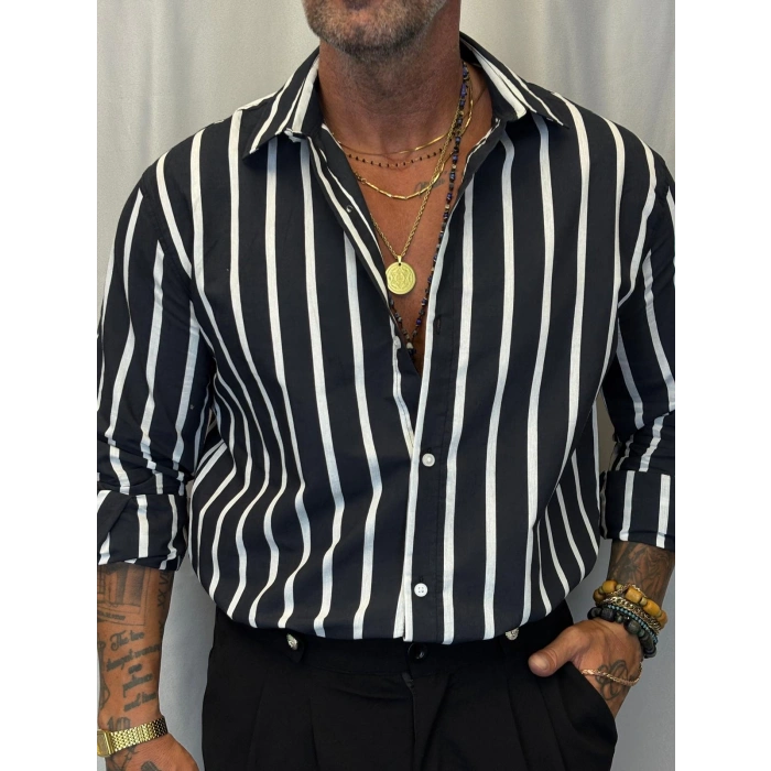 Kalın Çizgili Gömlek Siyah