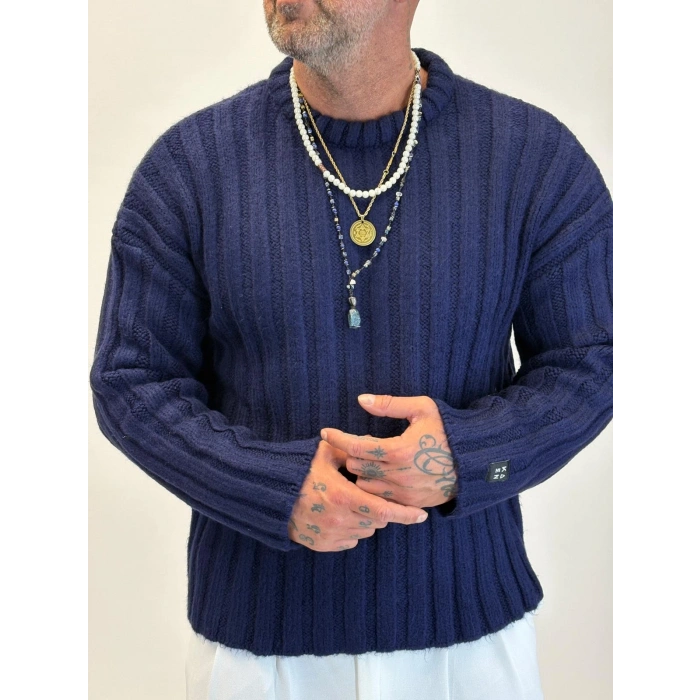 Kalın Fitilli Kazak Lacivert