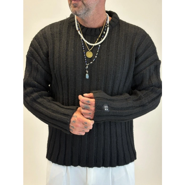 Kalın Fitilli Kazak Siyah