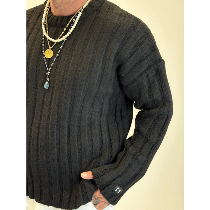 Kalın Fitilli Kazak Siyah