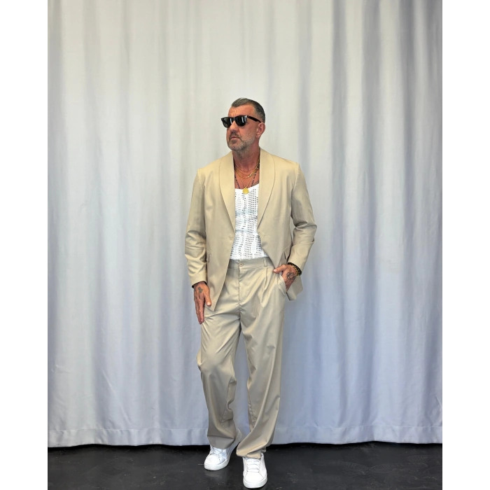 Kemer Detaylı Takım Elbise Bej