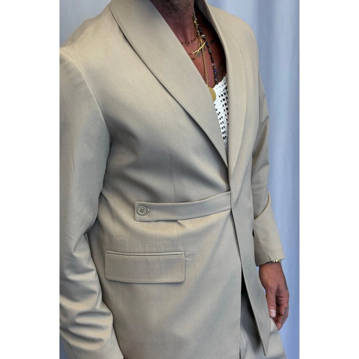 Kemer Detaylı Takım Elbise Bej