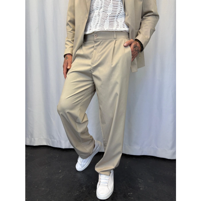 Kemer Detaylı Takım Elbise Bej