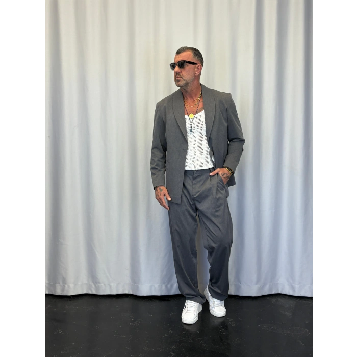 Kemer Detaylı Takım Elbise Gri