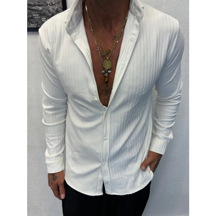 Kendinden Desenli Çizgili Gömlek Beyaz