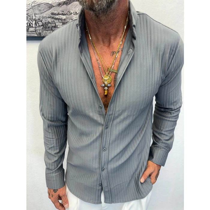 Kendinden Desenli Çizgili Gömlek Gri