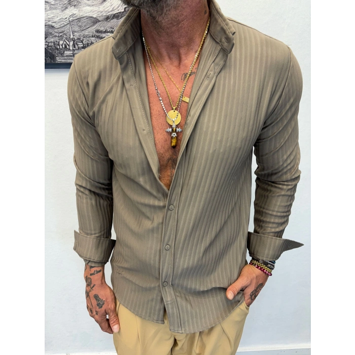 Kendinden Desenli Çizgili Gömlek Haki