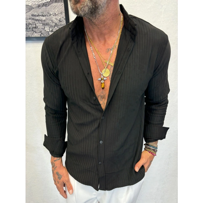 Kendinden Desenli Çizgili Gömlek Siyah