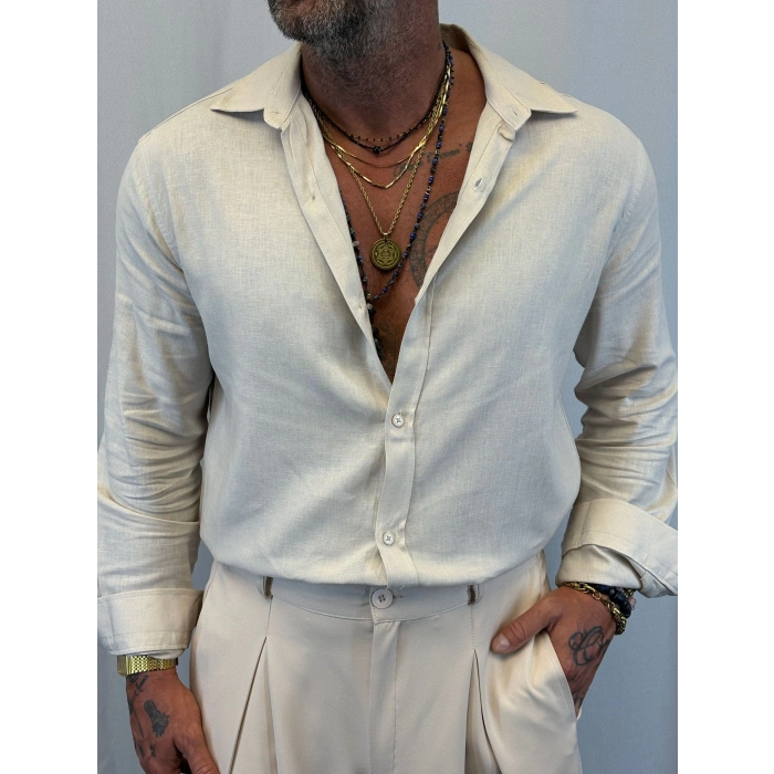 Keten Relax Fit Gömlek Bej