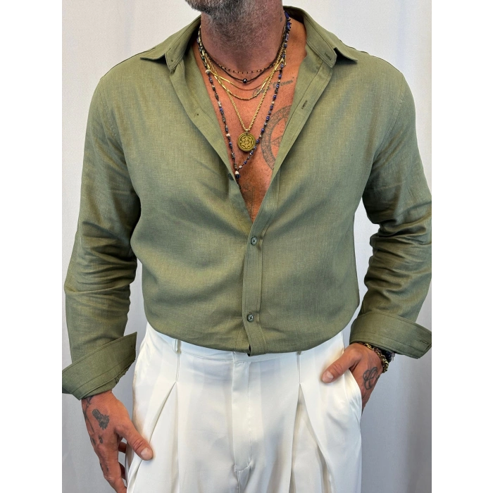 Keten Relax Fit Gömlek Haki