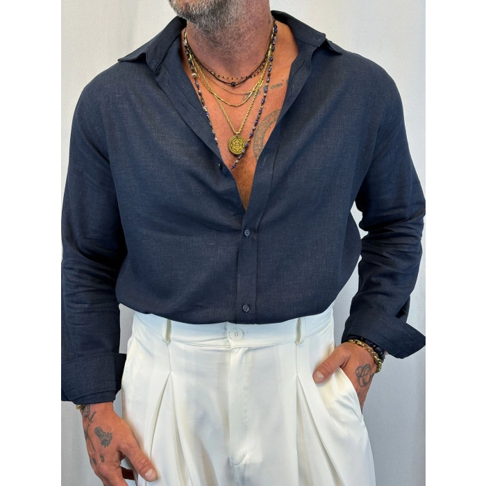 Keten Relax Fit Gömlek Lacivert