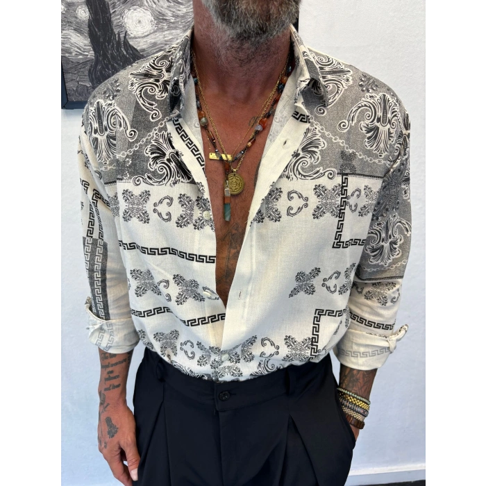 Keten Pamuk Desenli Gömlek Gri