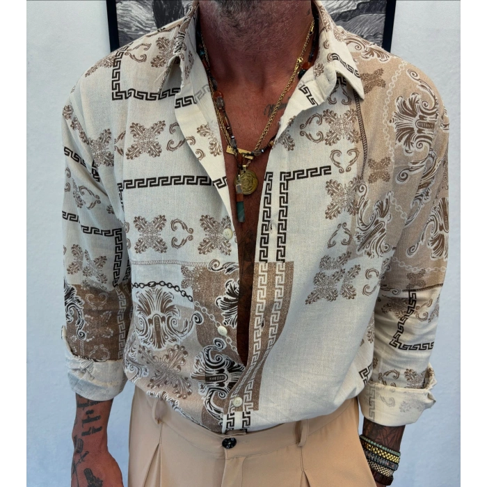 Keten Pamuk Desenli Gömlek Krem