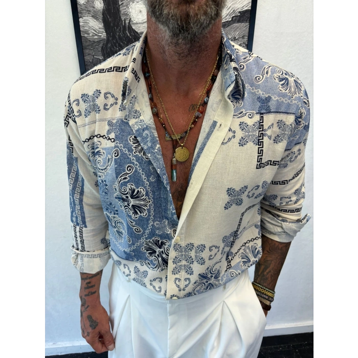 Keten Pamuk Desenli Gömlek Mavi