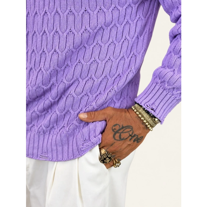 Knit Arcylic Yıpratma Kazak Lila