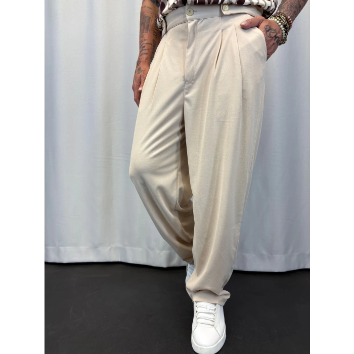 Krep Pileli Düğme Detaylı Pantolon Krem