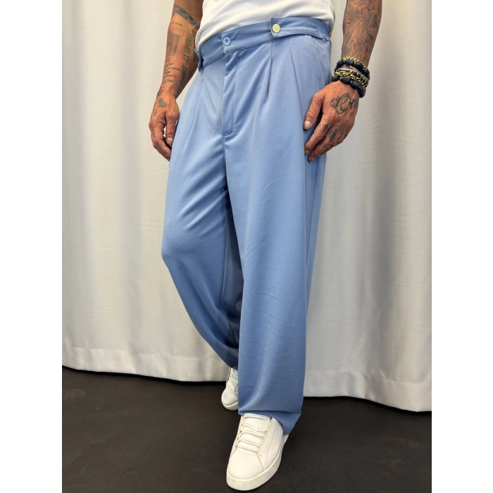 Krep Pileli Düğme Detaylı Pantolon Mavi