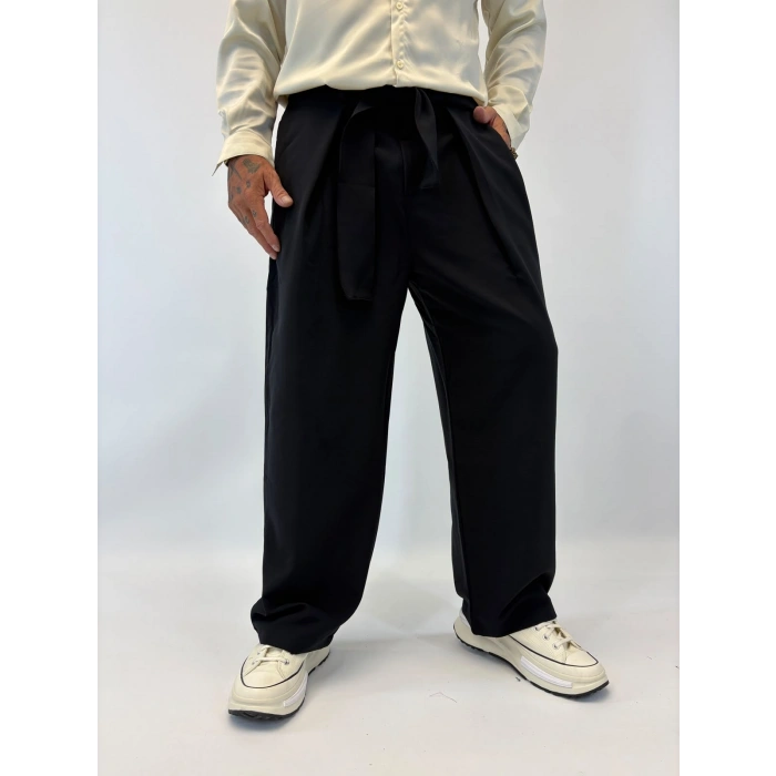 Kuşaklı Japon Style Pantolon Siyah