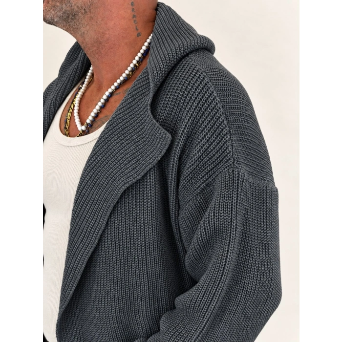 Long Knit Kapşonlu Hooded Cardigan Antrasit