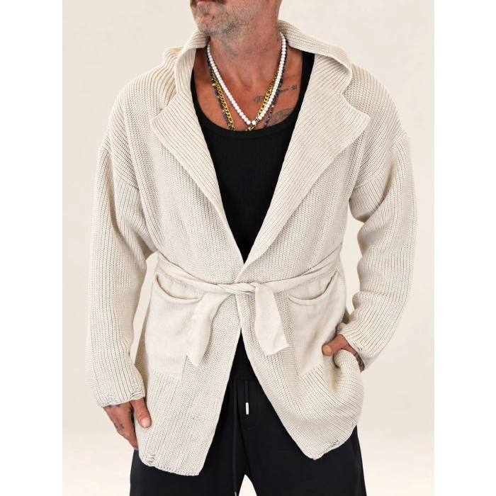 Long Knit Kapşonlu Hooded Cardigan Bej