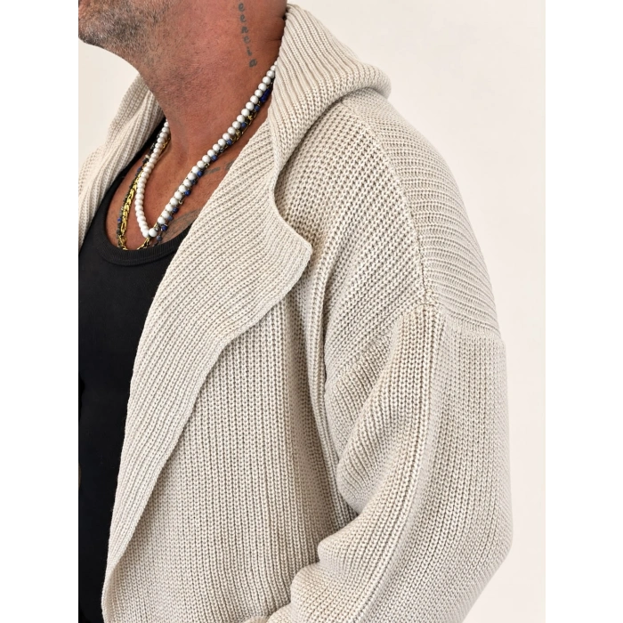 Long Knit Kapşonlu Hooded Cardigan Bej