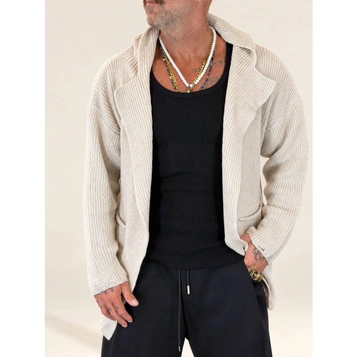 Long Knit Kapşonlu Hooded Cardigan Bej