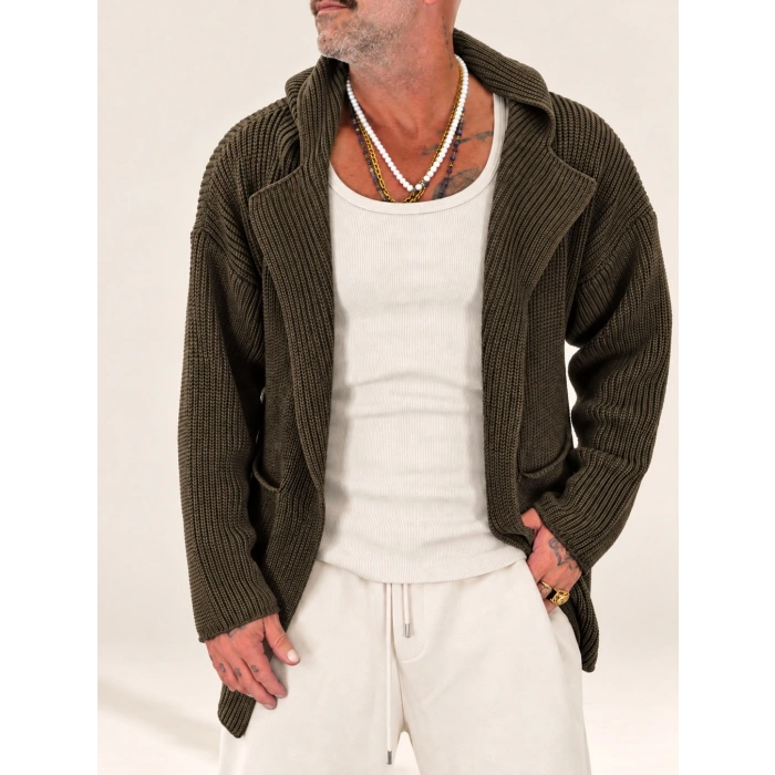 Long Knit Kapşonlu Hooded Cardigan Kahve