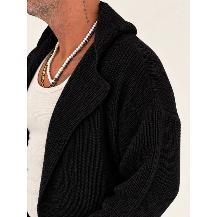 Long Knit Kapşonlu Hooded Cardigan Siyah