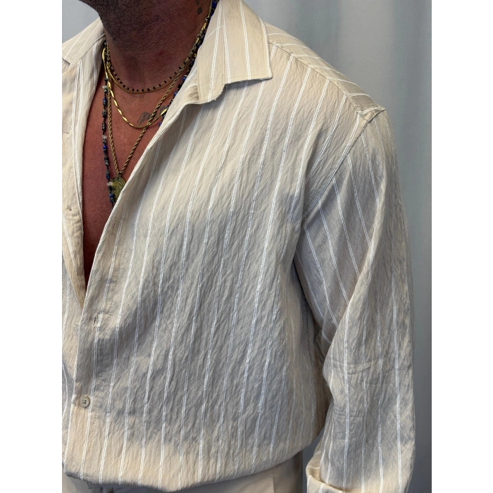 Modal Çizgili Gömlek Bej