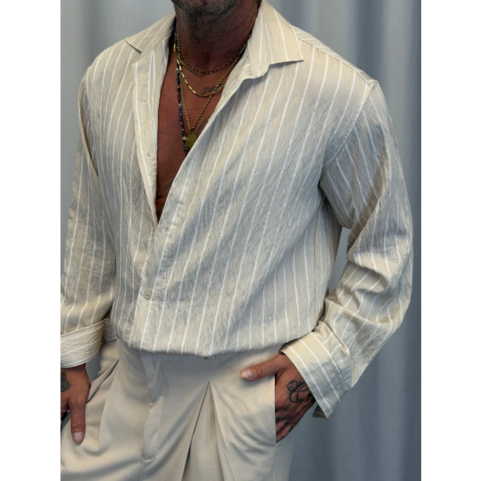 Modal Çizgili Gömlek Bej