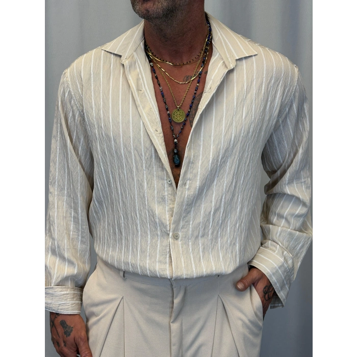 Modal Çizgili Gömlek Bej