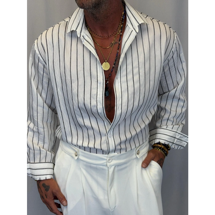Modal Çizgili Gömlek Beyaz