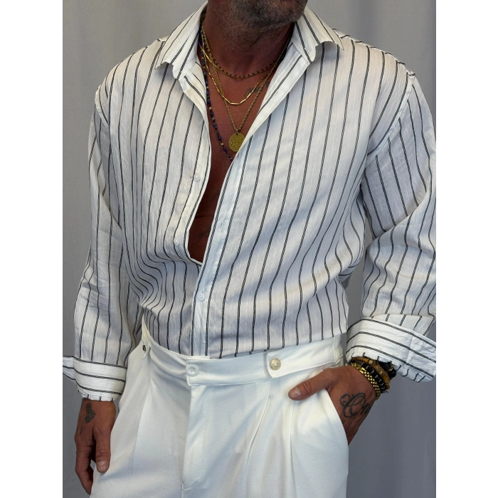 Modal Çizgili Gömlek Beyaz