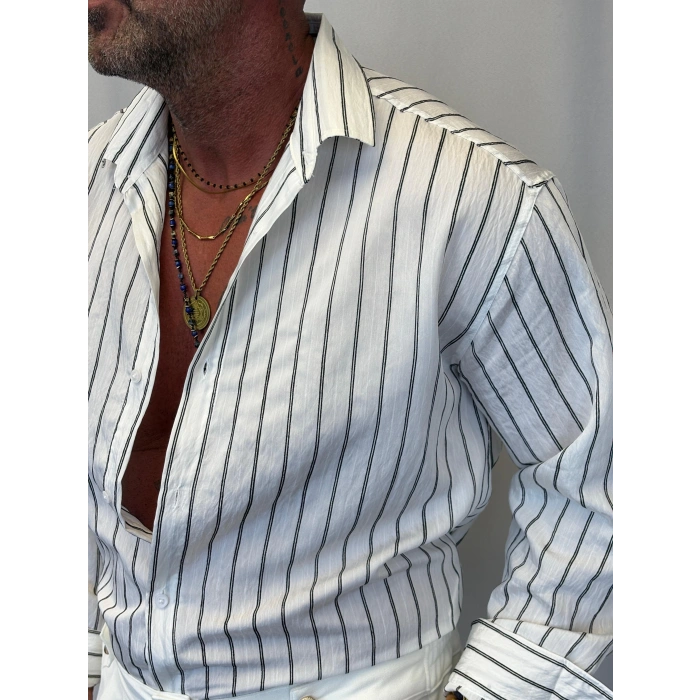 Modal Çizgili Gömlek Beyaz