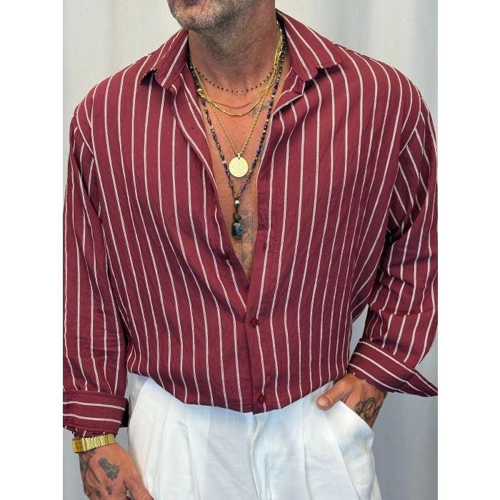 Modal Çizgili Gömlek Bordo
