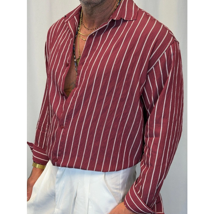 Modal Çizgili Gömlek Bordo