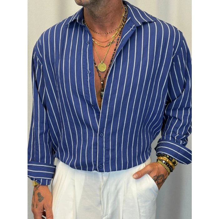 Modal Çizgili Gömlek Lacivert