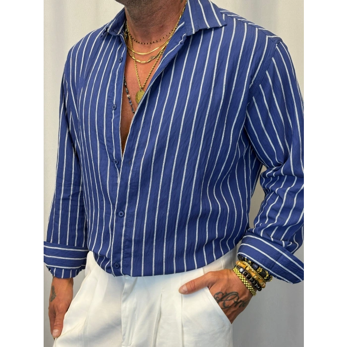 Modal Çizgili Gömlek Lacivert