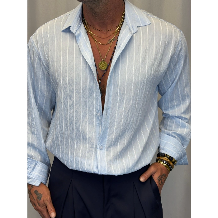 Modal Çizgili Gömlek Mavi