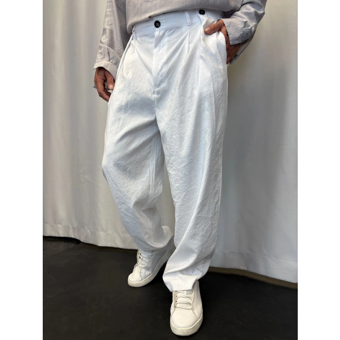 Modal Düğme Detaylı Pileli Pantolon Beyaz