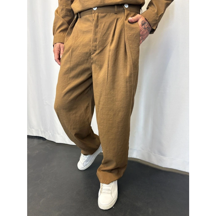 Modal Düğme Detaylı Pileli Pantolon Kahve