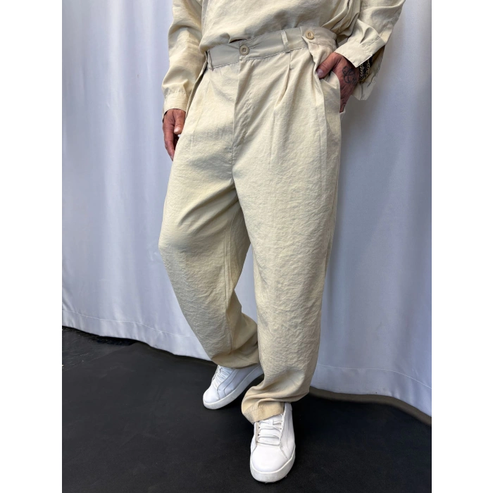 Modal Düğme Detaylı Pileli Pantolon Krem