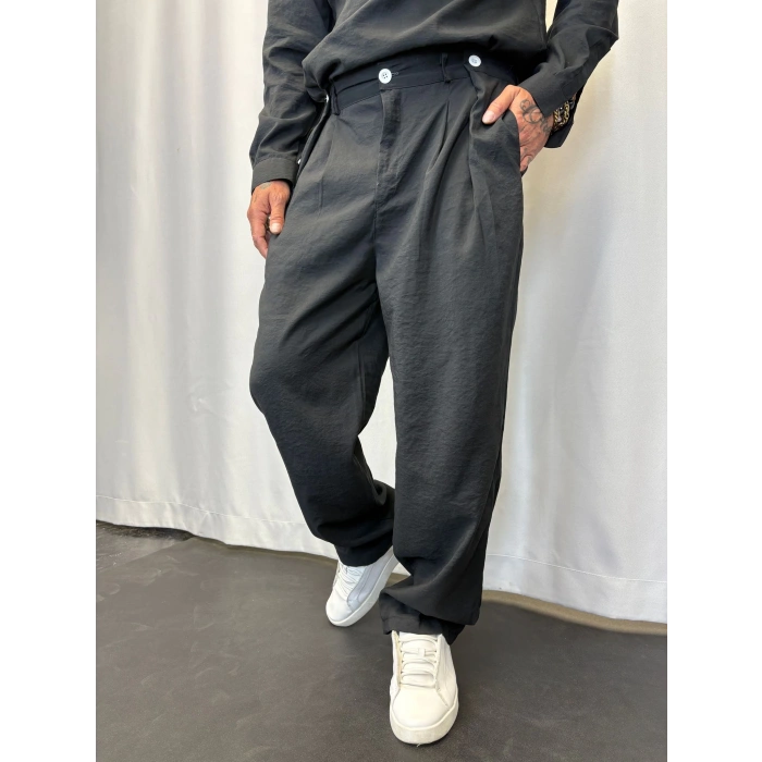 Modal Düğme Detaylı Pileli Pantolon Siyah