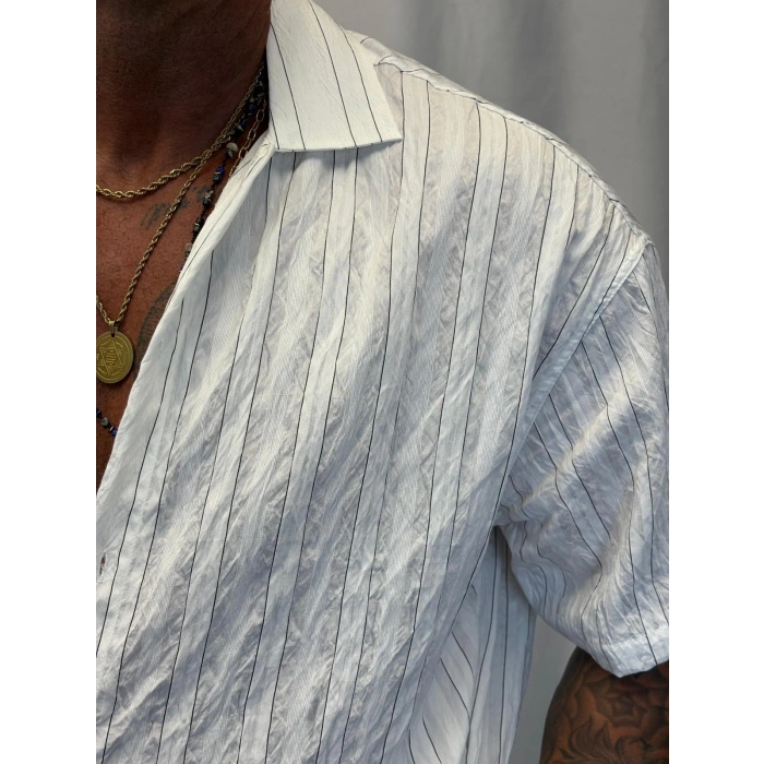 Modal Kısa Kol Çizgili Gömlek Beyaz