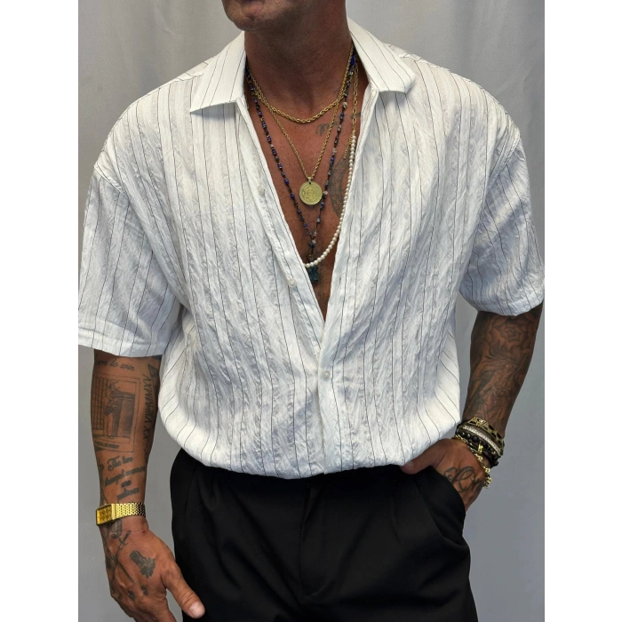 Modal Kısa Kol Çizgili Gömlek Beyaz