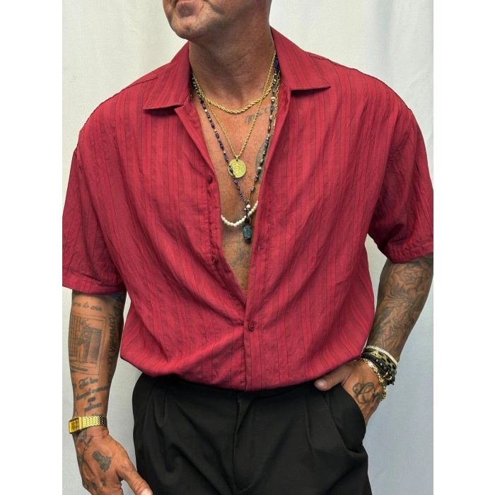 Modal Kısa Kol Çizgili Gömlek Kırmızı