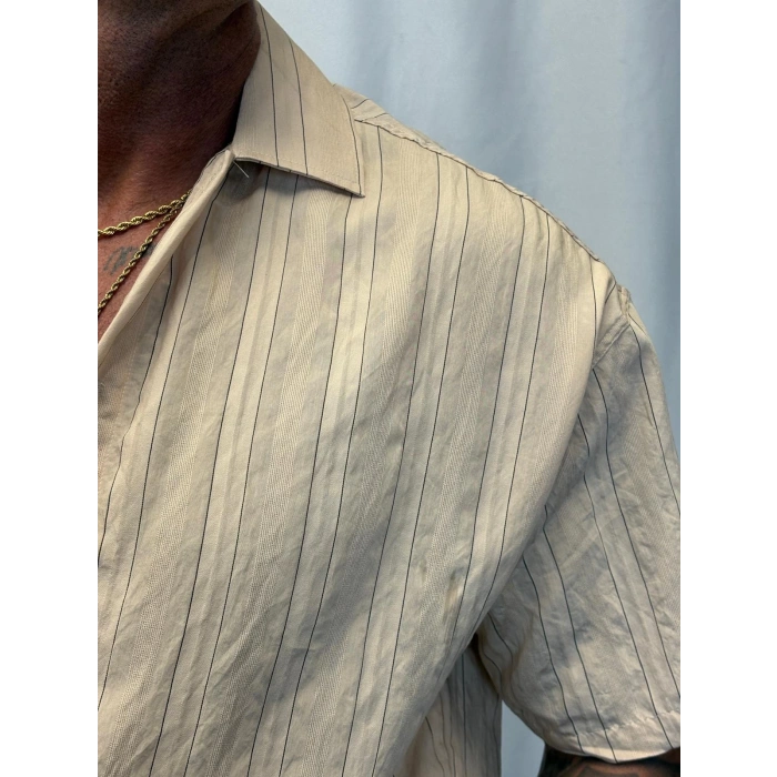 Modal Kısa Kol Çizgili Gömlek Krem