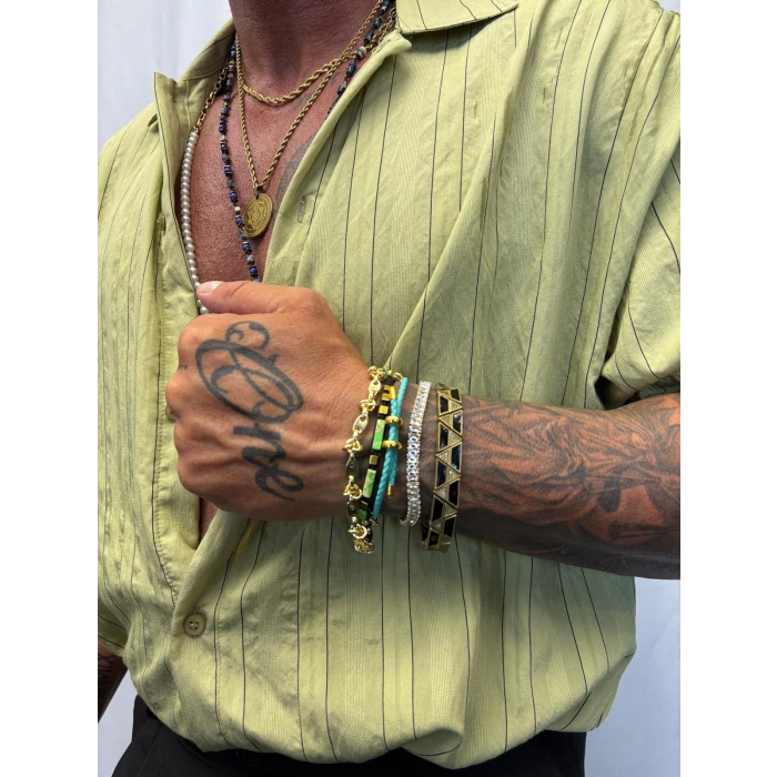 Modal Kısa Kol Çizgili Gömlek Yeşil